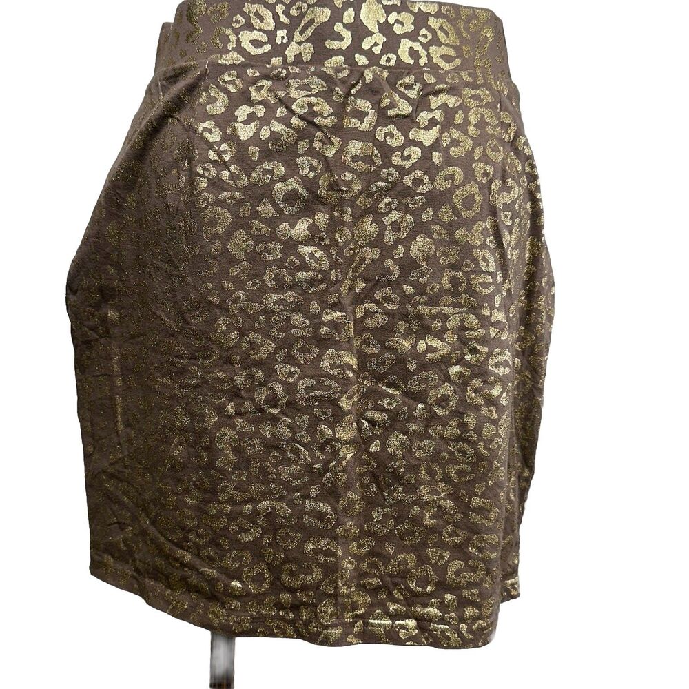 Forever 21 Mini Skirt Womens 1X Brown Gold Metallic Leopard Print StretchBodycon - Picture 5 of 8